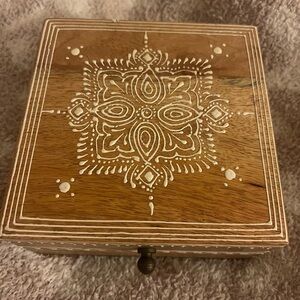 Wooden Jewelry Box with Intricate White Design